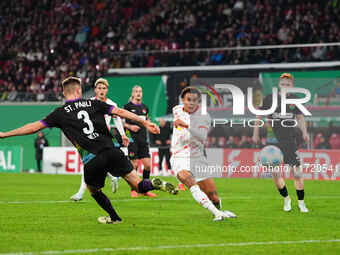 Antonio Nusa of Leipzig scores the teams fourth goal during the DFB Cup  Second Round match between RB Leipzig and FC St. Pauli at Red Bull...