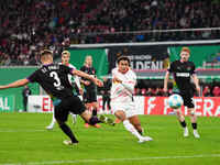 Antonio Nusa of Leipzig scores the teams fourth goal during the DFB Cup  Second Round match between RB Leipzig and FC St. Pauli at Red Bull...