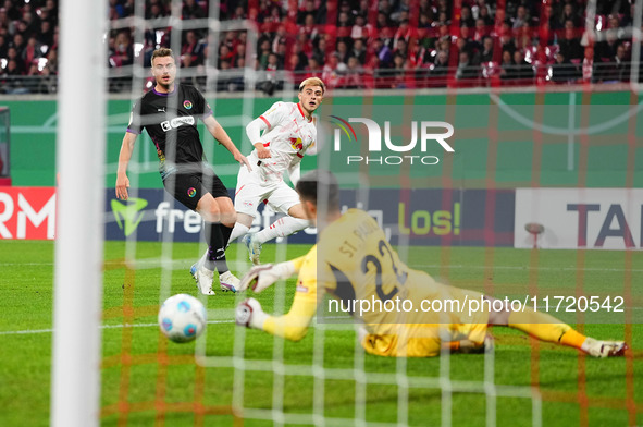 Eljif Elmas of Leipzig shoots on goal during the DFB Cup  Second Round match between RB Leipzig and FC St. Pauli at Red Bull arena, Leipzig,...