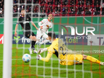 Eljif Elmas of Leipzig shoots on goal during the DFB Cup  Second Round match between RB Leipzig and FC St. Pauli at Red Bull arena, Leipzig,...