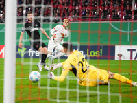 Eljif Elmas of Leipzig shoots on goal during the DFB Cup  Second Round match between RB Leipzig and FC St. Pauli at Red Bull arena, Leipzig,...