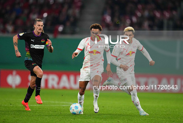 Antonio Nusa of Leipzig controls the ball during the DFB Cup  Second Round match between RB Leipzig and FC St. Pauli at Red Bull arena, Leip...