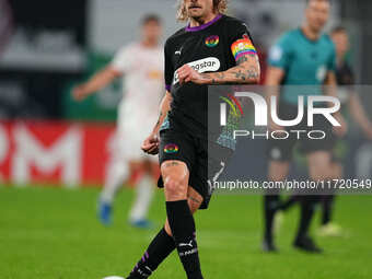 Jackson Irvine of FC St. Pauli controls the ball during the DFB Cup  Second Round match between RB Leipzig and FC St. Pauli at Red Bull aren...