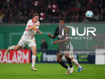 Lukas Klostermann of Leipzig heads during the DFB Cup  Second Round match between RB Leipzig and FC St. Pauli at Red Bull arena, Leipzig, Ge...