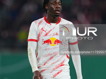 El Chadaille Bitshiabu of Leipzig looks on during the DFB Cup  Second Round match between RB Leipzig and FC St. Pauli at Red Bull arena, Lei...