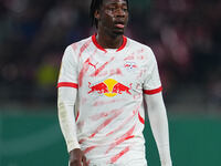 El Chadaille Bitshiabu of Leipzig looks on during the DFB Cup  Second Round match between RB Leipzig and FC St. Pauli at Red Bull arena, Lei...