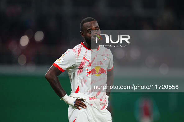 Lutsharel Geertruida of Leipzig looks on during the DFB Cup  Second Round match between RB Leipzig and FC St. Pauli at Red Bull arena, Leipz...