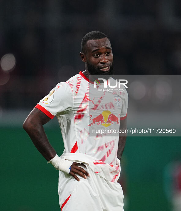 Lutsharel Geertruida of Leipzig looks on during the DFB Cup  Second Round match between RB Leipzig and FC St. Pauli at Red Bull arena, Leipz...