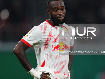 Lutsharel Geertruida of Leipzig looks on during the DFB Cup  Second Round match between RB Leipzig and FC St. Pauli at Red Bull arena, Leipz...