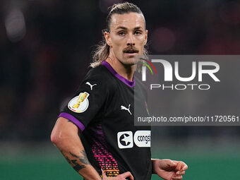 Jackson Irvine of FC St. Pauli looks on during the DFB Cup  Second Round match between RB Leipzig and FC St. Pauli at Red Bull arena, Leipzi...