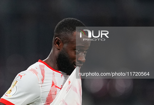 Lutsharel Geertruida of Leipzig looks on during the DFB Cup  Second Round match between RB Leipzig and FC St. Pauli at Red Bull arena, Leipz...