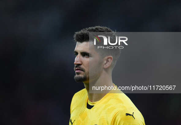 Nikola Vasilj of FC St. Pauli looks on during the DFB Cup  Second Round match between RB Leipzig and FC St. Pauli at Red Bull arena, Leipzig...