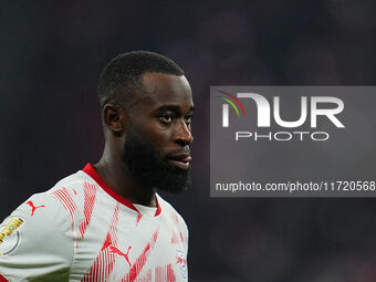 Lutsharel Geertruida of Leipzig looks on during the DFB Cup  Second Round match between RB Leipzig and FC St. Pauli at Red Bull arena, Leipz...