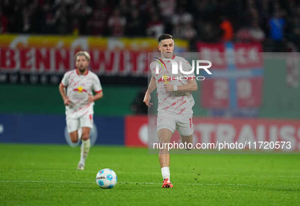 Christoph Baumgartner of Leipzig controls the ball during the DFB Cup  Second Round match between RB Leipzig and FC St. Pauli at Red Bull ar...