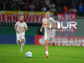 Christoph Baumgartner of Leipzig controls the ball during the DFB Cup  Second Round match between RB Leipzig and FC St. Pauli at Red Bull ar...