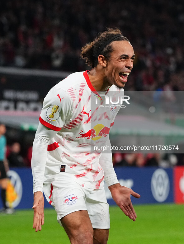 Yussuf Poulsen of Leipzig celebrate during the DFB Cup  Second Round match between RB Leipzig and FC St. Pauli at Red Bull arena, Leipzig, G...