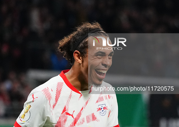 Yussuf Poulsen of Leipzig celebrate during the DFB Cup  Second Round match between RB Leipzig and FC St. Pauli at Red Bull arena, Leipzig, G...