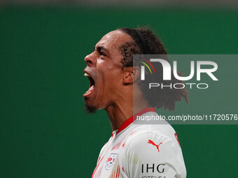 Yussuf Poulsen of Leipzig celebrate during the DFB Cup  Second Round match between RB Leipzig and FC St. Pauli at Red Bull arena, Leipzig, G...