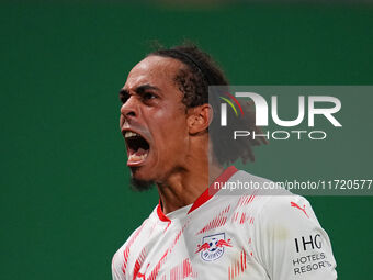 Yussuf Poulsen of Leipzig celebrate during the DFB Cup  Second Round match between RB Leipzig and FC St. Pauli at Red Bull arena, Leipzig, G...