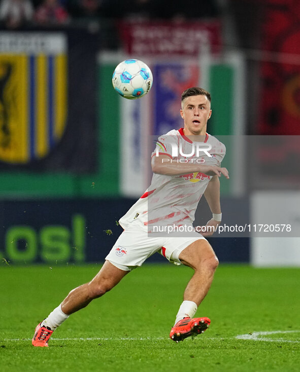 Christoph Baumgartner of Leipzig controls the ball during the DFB Cup  Second Round match between RB Leipzig and FC St. Pauli at Red Bull ar...