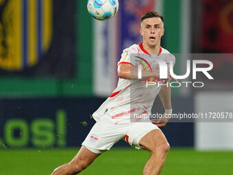 Christoph Baumgartner of Leipzig controls the ball during the DFB Cup  Second Round match between RB Leipzig and FC St. Pauli at Red Bull ar...