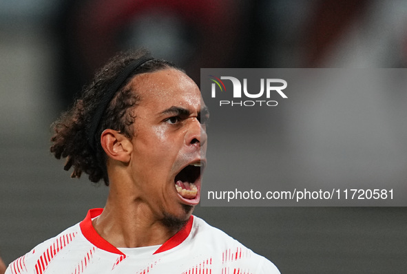 Yussuf Poulsen of Leipzig celebrate during the DFB Cup  Second Round match between RB Leipzig and FC St. Pauli at Red Bull arena, Leipzig, G...