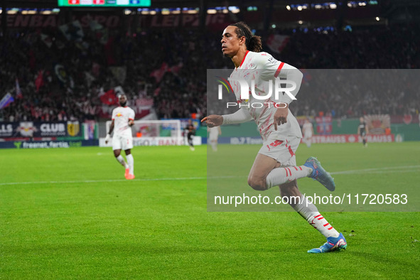 Yussuf Poulsen of Leipzig celebrate during the DFB Cup  Second Round match between RB Leipzig and FC St. Pauli at Red Bull arena, Leipzig, G...