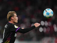 Eric Smith of FC St. Pauli controls the ball during the DFB Cup  Second Round match between RB Leipzig and FC St. Pauli at Red Bull arena, L...