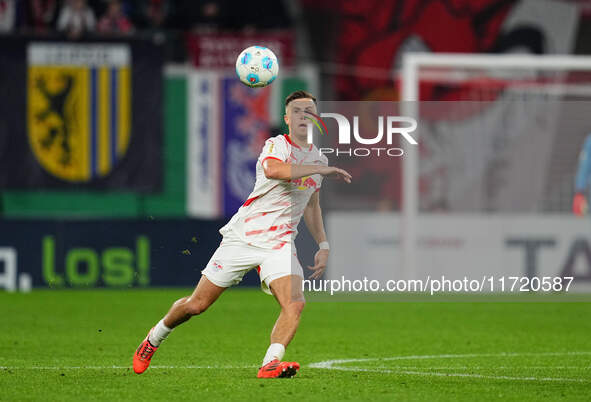 Christoph Baumgartner of Leipzig controls the ball during the DFB Cup  Second Round match between RB Leipzig and FC St. Pauli at Red Bull ar...