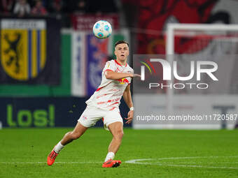 Christoph Baumgartner of Leipzig controls the ball during the DFB Cup  Second Round match between RB Leipzig and FC St. Pauli at Red Bull ar...