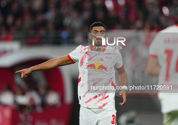 Benjamin Henrichs of Leipzig gestures during the DFB Cup  Second Round match between RB Leipzig and FC St. Pauli at Red Bull arena, Leipzig,...