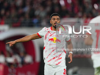 Benjamin Henrichs of Leipzig gestures during the DFB Cup  Second Round match between RB Leipzig and FC St. Pauli at Red Bull arena, Leipzig,...