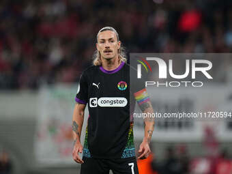 Jackson Irvine of FC St. Pauli looks on during the DFB Cup  Second Round match between RB Leipzig and FC St. Pauli at Red Bull arena, Leipzi...