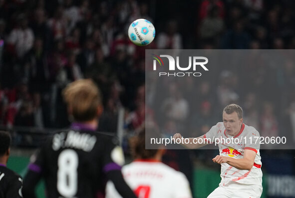 Lukas Klostermann of Leipzig heads during the DFB Cup  Second Round match between RB Leipzig and FC St. Pauli at Red Bull arena, Leipzig, Ge...