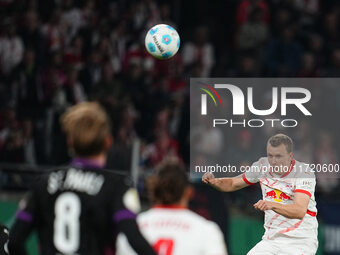 Lukas Klostermann of Leipzig heads during the DFB Cup  Second Round match between RB Leipzig and FC St. Pauli at Red Bull arena, Leipzig, Ge...