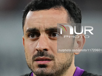 Manolis Saliakas of FC St. Pauli looks on during the DFB Cup  Second Round match between RB Leipzig and FC St. Pauli at Red Bull arena, Leip...