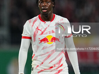 El Chadaille Bitshiabu of Leipzig looks on during the DFB Cup  Second Round match between RB Leipzig and FC St. Pauli at Red Bull arena, Lei...