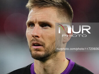 Karol Mets of FC St. Pauli looks on during the DFB Cup  Second Round match between RB Leipzig and FC St. Pauli at Red Bull arena, Leipzig, G...