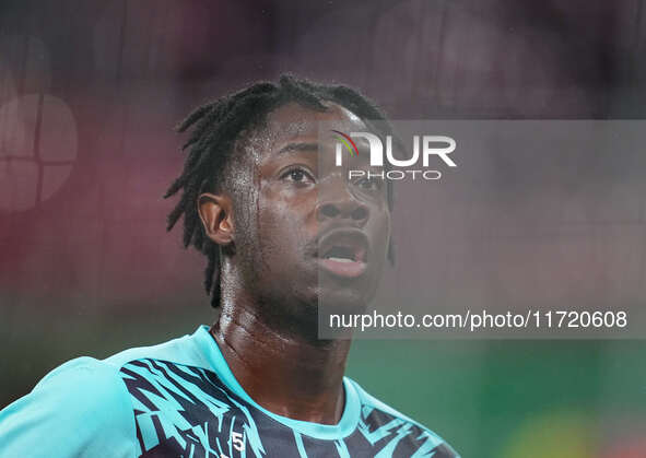 El Chadaille Bitshiabu of Leipzig looks on during the DFB Cup  Second Round match between RB Leipzig and FC St. Pauli at Red Bull arena, Lei...