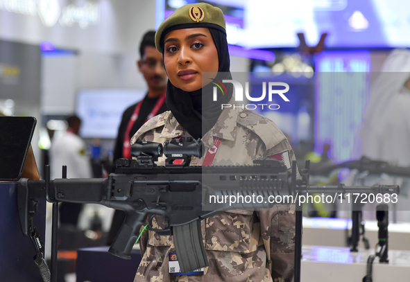 A woman officer of the Qatar Ministry of Defence attends the 15th edition of the Milipol Qatar 2024 Exhibition and Conference in Doha, Qatar...