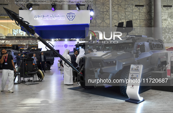 A Stark Raider armored vehicle is displayed at the 15th edition of the Milipol Qatar 2024 Exhibition and Conference in Doha, Qatar, on Octob...