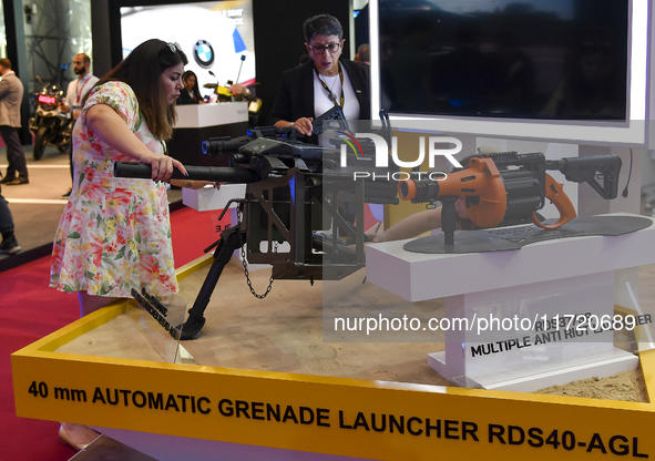 The 40 mm Automatic Grenade Launcher RDS 40-AGL is displayed at the 15th edition of the Milipol Qatar 2024 Exhibition and Conference in Doha...