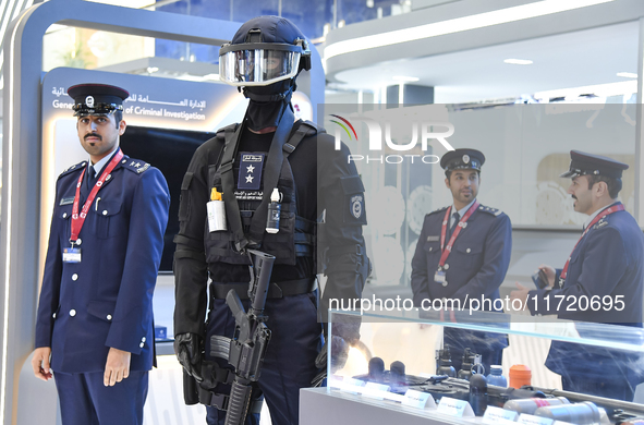 Anti-riot protective suits are displayed at the 15th edition of the Milipol Qatar 2024 Exhibition and Conference in Doha, Qatar, on October...