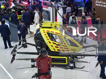 The Qatar Civil Defence Department displays a new rescue drone at the 15th edition of the Milipol Qatar 2024 Exhibition and Conference in Do...