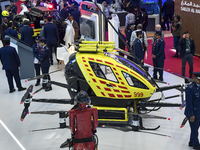 The Qatar Civil Defence Department displays a new rescue drone at the 15th edition of the Milipol Qatar 2024 Exhibition and Conference in Do...