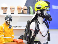 A photo shows a protective helmet at the 15th edition of the Milipol Qatar 2024 Exhibition and Conference in Doha, Qatar, on October 29, 202...