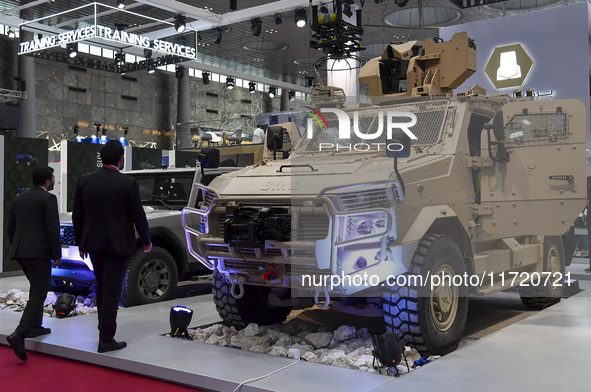 A BMC armored vehicle is displayed at the 15th edition of the Milipol Qatar 2024 Exhibition and Conference in Doha, Qatar, on October 29, 20...