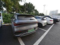 Electric vehicles are charged at a street charging station in Fuyang, China, on October 30, 2024. (