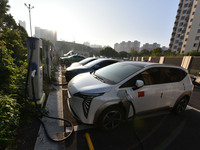 Electric vehicles are charged at a street charging station in Fuyang, China, on October 30, 2024. (