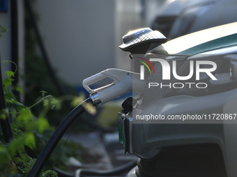 Electric vehicles are charged at a street charging station in Fuyang, China, on October 30, 2024. (